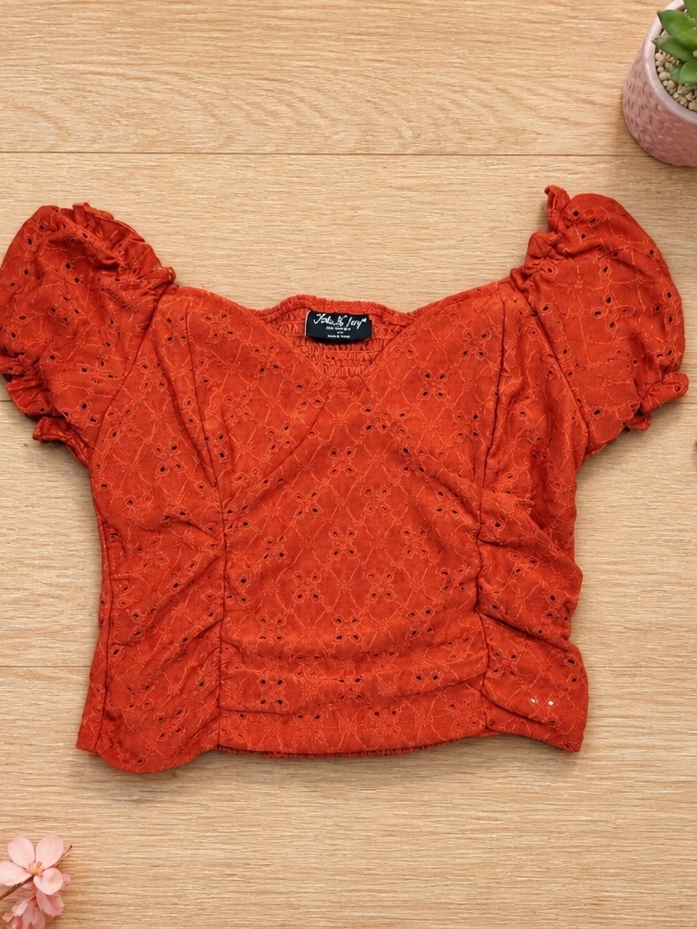Rust Orange Eyelet Puff-Sleeve Crop Top
